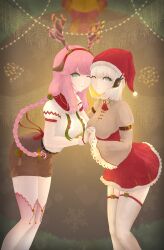 2girls absurdres aivy_lovencraft animal_ears blue_eyes christmas deer_ears eru_nabura fanart green_eyes hat highres indie_virtual_youtuber keptnis long_hair looking_at_viewer multiple_girls one_eye_closed pink_hair santa_hat short_hair untranslatable_commentary virtual_youtuber vtuber vtuberfanart white_hair