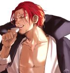  1boy adam&#039;s_apple bare_pectorals beard_stubble black_coat closed_eyes coat collarbone cup drinking high_collar highres holding holding_cup male_focus mature_male mirin_(coene65) no_nipples one_piece open_clothes open_shirt pectorals portgas_d._ace redhead scar scar_across_eye shirt signature simple_background solo teeth upper_body white_background white_shirt 