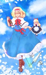  1girl alice_margatroid axe blonde_hair blue_dress blue_sky book bow capelet closed_eyes closed_mouth clouds commentary curtsey doll dress english_commentary flower frilled_hairband frills hairband highres holding holding_book lance midair minzzway polearm red_bow red_hairband shanghai_doll shield short_hair sky smile touhou weapon white_capelet white_flower 