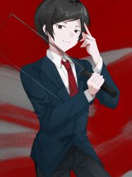  1boy absurdres animification black_hair black_pants blue_jacket cleaver closed_mouth collared_shirt commentary_request cowboy_shot from_below grey_background hands_up highres holding holding_cleaver index_finger_raised jacket killillxx lapels layered_sleeves long_sleeves looking_at_viewer male_focus necktie pants real_life red_background red_eyes red_necktie reverse_grip sakakibara_seito school_uniform shirt short_hair sidelocks simple_background smile solo standing swept_bangs true_crime tsurime two-tone_background very_short_hair white_shirt 