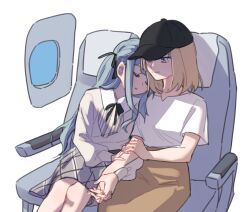  2girls airplane_interior anco_(platanity) bang_dream! bang_dream!_it's_mygo!!!!! baseball_cap black_hat blonde_hair blue_hair brown_skirt closed_eyes commentary grey_skirt hat head_on_another's_shoulder highres holding_hands interlocked_fingers medium_hair misumi_uika multiple_girls parted_lips shirt skirt sleeping togawa_sakiko two_side_up violet_eyes white_shirt yuri 