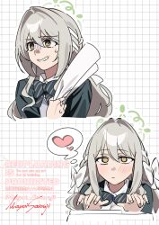  1girl artist_name blue_archive blush bow bowtie braid clip_studio_paint_(medium) closed_mouth cropped_shoulders diagonal-striped_bow diagonal-striped_bowtie diagonal-striped_clothes distracted empty_eyes fingernails furrowed_brow green_halo grey_hair grid_background grin hair_intakes hair_ribbon half_crown_braid halo heart holding jacket long_hair looking_ahead miyo_(blue_archive) multiple_views nervous nervous_smile ribbon ribbon_braid rolled-up_paper saionji_mayoi school_uniform sidelocks smile speech_bubble spoken_heart striped_bow striped_bowtie striped_clothes sweatdrop thought_bubble turn_pale typing upturned_eyes watermark white_background white_bow white_ribbon winter_uniform yellow_eyes 