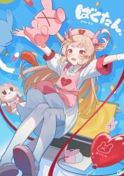  1girl :d absurdres apron balloon blue_background blush brown_hair character_doll collared_dress commentary_request computer computer_mouse dated doll dress drop_shadow fang full_body guest_art hair_ornament hat heart_balloon highres laptop long_hair natori_sana nurse_cap nuudoru open_mouth pantyhose pink_apron pink_hat pink_sandals rabbit_hair_ornament red_eyes sana_channel sandals short_sleeves sitting skin_fang smile solo stuffed_animal stuffed_rabbit stuffed_toy two_side_up virtual_youtuber white_dress white_pantyhose 