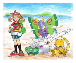  1girl 2dmax abra absurdres bandana bird black_socks border brown_hair day dustox gloves highres lotad may_(pokemon) outdoors outside_border pokemon pokemon_(creature) pokemon_rse red_bandana red_shirt shirt short_sleeves shorts silcoon socks traditional_media treecko white_border wingull 
