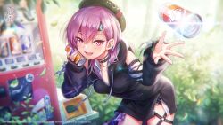  1girl :d \||/ backlighting bare_shoulders beret black_choker black_hat black_hoodie blurry blurry_background blush breasts can can_to_cheek casual chain choker clothing_cutout copyright_name copyright_notice cowboy_shot day double-parted_bangs eyelashes falling_leaves glint hair_between_eyes hands_up hat heaven_burns_red highres holding holding_can hood hood_down hoodie key_coffee_(meme) leaf leaning_forward long_hair long_hoodie looking_at_viewer matsuoka_chiroru matsuoka_chiroru_(secret_coffee_break) medium_breasts meme o-ring o-ring_thigh_strap official_alternate_costume official_art official_wallpaper open_mouth outdoors outstretched_hand pink_hair red_eyes shoulder_cutout sleeves_past_wrists smile solo thigh_strap throwing tsurime vending_machine zipper 