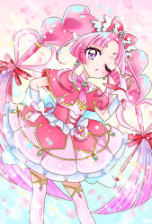  1girl bow bowtie commentary_request cure_mystique dress frilled_dress frills highres hime_cut kobayashi_mikuru long_hair magical_girl maririn_(nanairoprincess) meitantei_precure! pink_bow pink_bowtie pink_hair precure thigh-highs twintails violet_eyes white_thighhighs 