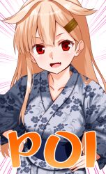  1girl bath_yukata blonde_hair blue_kimono commentary_request emphasis_lines engo_(aquawatery) fang floral_print hair_flaps hands_on_own_hips japanese_clothes kantai_collection kimono long_hair poi_(phrase) red_eyes skin_fang smile solo yukata yuudachi_(kancolle) yuudachi_kai_ni_(kancolle) 