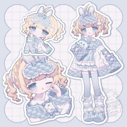  1girl :3 :d ;o absurdres animal_ears blue_border blue_bow blue_dress blue_eyes blue_hair blue_slippers blunt_bangs blush border bow chibi closed_mouth commentary commission cropped_torso cross-laced_clothes cross-laced_sleeves dress frilled_dress frills full_body hand_up heart heart-shaped_pupils highres holding holding_stuffed_toy iriam jacket komai_yuki long_sleeves looking_at_viewer multiple_views one_eye_closed open_clothes open_jacket open_mouth outline outside_border rabbit_ears rabbit_slippers short_dress short_hair short_twintails sidelocks skeb_commission sleeve_bow sleeves_past_fingers sleeves_past_wrists slippers smile socks standing striped_clothes striped_socks stuffed_animal stuffed_rabbit stuffed_toy symbol-shaped_pupils thigh-highs twintails untranslatable_commentary virtual_youtuber watermark white_background white_jacket white_outline yuino_ruria zettai_ryouiki 