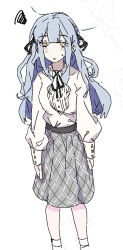  1girl arms_at_sides bang_dream! bang_dream!_it's_mygo!!!!! belt black_belt black_ribbon blue_hair buttoned_cuffs buttons center-flap_bangs chinese_commentary commentary_request double-parted_bangs egs418 exhausted feet_out_of_frame grey_skirt hair_ribbon jaggy_lines light_blush long_hair long_sidelocks long_sleeves looking_at_viewer medium_skirt neck_ribbon plaid_clothes plaid_skirt ribbon shirt sidelocks simple_background sketch skirt sleeve_cuffs slouching socks solo squiggle straight-on sweatdrop togawa_sakiko two_side_up unkempt white_background white_shirt white_socks yellow_eyes 