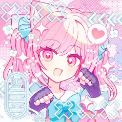  1girl :3 :d animal_ear_fluff animal_ears blue_bow blue_bowtie blue_ribbon blush bow bowtie cat_ears cat_girl commentary commission dot_nose fang fingerless_gloves gloves hair_ribbon hands_up heart highres long_hair long_sleeves looking_at_viewer open_mouth original paw_pose pink_background pink_eyes pink_hair pink_shirt portrait purple_gloves ribbon shirocha_tei shirt skeb_commission smile solo spoken_heart twintails twitter_username watermark 