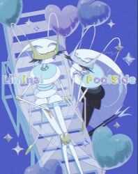  2girls alternate_color antennae arthropod_girl balloon blue_background blue_pupils bug closed_mouth cockroach colored_sclera colored_skin fukkatsu_no_maya full_body furry furry_female heart_balloon highres joints long_hair looking_to_the_side multiple_girls pheromosa pokemon pokemon_(creature) purple_sclera shiny_and_normal shiny_pokemon simple_background sitting standing upper_body white_hair white_skin 