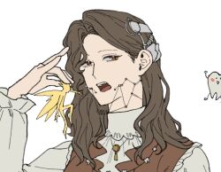  1girl braces brown_eyes brown_hair creature dress fairy hand_up holding holding_creature long_hair looking_at_viewer mulkkachi open_mouth portrait red_dress reverse:1999 shirt solo teeth tooth tooth_fairy_(reverse:1999) upper_teeth_only white_background white_shirt 