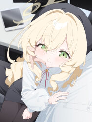  1boy 1girl absurdres black_pantyhose blonde_hair blue_archive blush bolo_tie collared_shirt commentary_request desk green_eyes halo hand_on_another's_cheek hand_on_another's_chest hand_on_another's_face hat highres honi_(honi1010) korean_commentary long_sleeves monitor pantyhose pencil_skirt professor_niyaniya_(blue_archive) professor_niyaniya_(teacher)_(blue_archive) revision rounded_collar sensei_(blue_archive) shirt sitting sitting_on_lap sitting_on_person skirt smile tablet_pc white_shirt 