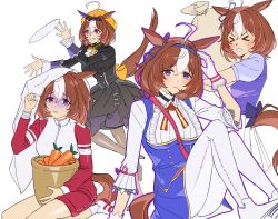  >_< 1girl @_@ ahoge animal_ears bag black_dress blue_skirt blue_vest blush bow bowtie breasts brown_hair bucket carrot closed_eyes closed_mouth commentary_request double-parted_bangs dress ear_covers ear_ribbon gloves hair_between_eyes hairband halloween_costume hat headband highres holding holding_sack horse_ears horse_girl horse_tail jacket large_breasts long_sleeves looking_at_viewer medium_hair meisho_doto_(dot-o'-lantern)_(umamusume) meisho_doto_(turbulent_blue)_(umamusume) meisho_doto_(umamusume) multicolored_hair multiple_views official_alternate_costume open_mouth orange_hat pantyhose parted_lips pink_hairband pink_headband purple_bow purple_bowtie purple_shirt red_jacket red_shorts sack sailor_collar sailor_shirt school_uniform shirt short_hair shorts shoulder_bag single_ear_cover skirt tail toryo_(yukhop_961) tracen_school_uniform tracen_training_uniform track_jacket two-tone_hair umamusume vest violet_eyes white_gloves white_hair white_pantyhose white_shirt white_skirt 