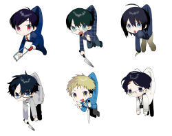  1girl 5boys :d ahoge animification black-framed_eyewear black_eyes black_hair black_pants black_shoes blonde_hair blue_eyes blue_jacket blue_pants blue_shirt boxcutter brown_pants buttons character_request cleaver clenched_hand closed_mouth collared_shirt commentary_request deformed expressionless frown full_body glasses green_eyes grey_shirt hand_on_own_cheek hand_on_own_face hand_up hands_up highres holding holding_boxcutter holding_cleaver holding_knife jacket knife lanyard lapels long_sleeves looking_at_viewer looking_down mole mole_under_eye multiple_boys mytamed_ghost nevada-tan open_mouth pants plaid_clothes plaid_shirt puffy_long_sleeves puffy_sleeves real_life rectangular_eyewear red_eyes reverse_grip sakakibara_seito school_uniform semi-rimless_eyewear shirt shoes short_hair simple_background sleeves_past_fingers sleeves_past_wrists smile striped_clothes striped_shirt tareme teardrop-framed_glasses tongue true_crime tsurime two-tone_shirt v v-shaped_eyebrows very_short_hair white-framed_eyewear white_background white_shirt yellow_eyes 