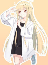  1girl ahoge black_shirt blonde_hair blue_shoes brown_eyes cho_kaguya-hime! closed_mouth coat commentary_request double_v highres kaguya_(cho_kaguya-hime!) lab_coat long_hair open_clothes open_coat outline shirt shoes sidelocks silver116 solo sparkle translation_request v white_outline 