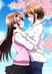  2girls ahoge black_skirt blue_pants blue_sky blush brown_hair cherry_blossoms closed_eyes closed_mouth collared_shirt commentary_request couple cowboy_shot day denim extreme_hearts facing_another hand_on_another's_shoulder hayama_hiyori highres hug jeans kodaka_saki kohaku_(kohagura) long_hair long_sleeves looking_at_another miniskirt multiple_girls open_mouth outdoors pants pink_sweater_vest pleated_skirt profile shirt short_hair skirt sky smile standing straight_hair sweater_vest violet_eyes white_shirt yuri 