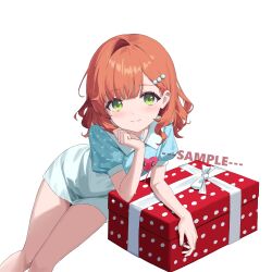  1girl aqua_shirt aqua_skirt blush box closed_mouth commentary_request feet_out_of_frame gift gift_box green_eyes hair_ornament highres legs light_smile looking_at_viewer medium_hair orange_hair original puffy_sleeves sample_watermark shirt short_sleeves simple_background skirt solo watermark white_background youtanhuayuan255 