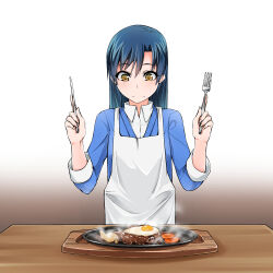  1girl absurdres apron blue_cardigan blue_hair butter_knife cardigan carrot_slice closed_mouth collared_shirt fork fried_egg gravy hamburger_steak highres holding holding_fork holding_knife idolmaster idolmaster_(classic) keigen_hichou kisaragi_chihaya knife long_hair long_sleeves looking_at_food looking_down shirt solo standing steaming_food straight-on straight_hair white_apron yellow_eyes 