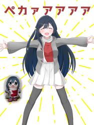  1girl :d aheaheliveman arms_up black_thighhighs blue_hair blush commentary_request facing_viewer feet_out_of_frame grey_jacket hair_ornament highres hood hood_down hooded_jacket jacket kuripan_plushie long_hair long_sleeves love_live! love_live!_nijigasaki_high_school_idol_club miniskirt one_side_up open_clothes open_jacket open_mouth outstretched_arms photo_inset pleated_skirt red_sweater reference_inset scarf skirt smile solo spread_arms sweater thigh-highs triangle_hair_ornament very_long_hair white_background white_scarf white_skirt yuki_setsuna zettai_ryouiki 