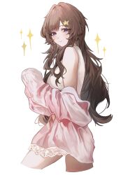  1girl alternate_costume blue_eyes blush breasts brown_hair closed_mouth commentary cowboy_shot frilled_jacket frills genshin_impact hair_between_eyes hair_ornament hair_over_shoulder hairclip half-closed_eyes highres jacket jellyfish_cut kbnimated large_breasts long_hair looking_at_viewer looking_to_the_side off_shoulder open_clothes open_jacket pink_jacket sandrone_(genshin_impact) shirt sidelocks simple_background single_bare_shoulder sleeveless sleeveless_shirt sleeves_past_fingers sleeves_past_wrists smile solo standing star_(symbol) star_hair_ornament thighs turning_head untranslatable_commentary white_background 