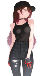  1girl alternate_costume bare_arms bare_shoulders baseball_cap black_choker black_gloves black_pants black_tank_top breasts choker cohi27151463 commentary cowboy_shot denim gloves hair_between_eyes hat highres hololive jeans long_hair looking_to_the_side medium_breasts pants red_hair roboco-san shirt_tucked_in sidelocks simple_background solo standing tank_top torn_clothes torn_jeans torn_pants virtual_youtuber white_background yellow_eyes 