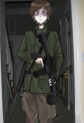  1boy 2026 adam_lanza animification baggy_pants bags_under_eyes black_gloves blue_eyes brown_hair brown_pants closed_mouth commentary dated door english_commentary fingerless_gloves frown gloves green_jacket gun highres holding holding_gun holding_weapon indoors jacket long_sleeves luciferr64 male_focus open_door pale_skin pants photo-referenced photo_background puffy_long_sleeves puffy_sleeves real_life red_pupils short_hair solo stairs standing straight-on tiktok_username true_crime weapon wide-eyed 