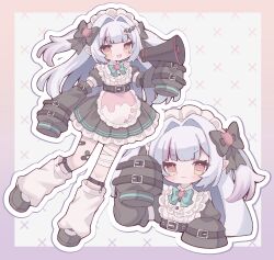  1girl :3 :d absurdres bandaged_leg bandages bandaid bandaid_on_leg black_bow black_shoes black_sleeves blue_hair blush border bow bowtie closed_mouth commentary_request commission cropped_torso detached_sleeves double_horizontal_stripe dress frilled_dress frills full_body gradient_border green_bow green_bowtie hair_bow hair_intakes highres holding holding_megaphone kneehighs long_hair long_sleeves looking_at_viewer loose_socks maid_headdress megaphone multicolored_hair multiple_views open_mouth orange_eyes original outside_border pleated_dress pointy_ears purple_streaks shoes short_dress short_sleeves skeb_commission sleeves_past_fingers sleeves_past_wrists smile socks standing standing_on_one_leg streaked_hair striped_clothes striped_dress two_side_up white_background white_socks yuino_ruria 