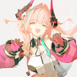  >_< 1girl absurdres arknights arknights:_endfield black_gloves black_horns blue_eyes blue_hair breasts chi_sang_ye_de_miao chinese_commentary commentary_request gloves highres horns large_breasts long_hair looking_at_viewer multicolored_hair open_mouth pink_gloves pink_hair pink_horns simple_background solo standing tail white_background yvonne_(arknights) 