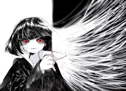  1girl black_background black_vs_white blunt_bangs bob_cut closed_mouth commentary_request cutting_hair cutting_own_hair greyscale hair_spread_out hand_up jacket light_smile limbus_company long_hair long_sleeves looking_at_viewer mochigome_138 monochrome project_moon red_eyes ryoshu_(project_moon) short_hair solo split_theme spot_color straight-on string string_around_finger string_of_fate very_long_hair white_background 