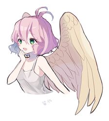  1girl antenna_hair blush brown_wings collarbone cropped_torso dot_nose dress feathered_wings green_eyes hair_between_eyes harpy_(puyopuyo) kashima_miyako open_mouth pink_hair puyopuyo short_hair simple_background solo translation_request white_dress wings 