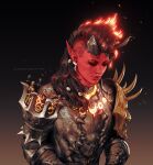  1girl armor artist_name baldur&#039;s_gate baldur&#039;s_gate_3 black_hair closed_eyes closed_mouth colored_skin demon_horns dungeons_and_dragons eyebrow_piercing fire gradient_background horns karlach_(baldur&#039;s_gate) light_particles lips nose_piercing nose_ring piercing pointy_ears red_skin redhead solo sunsetagain tiefling tooth_earrings upper_body 