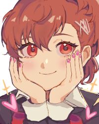  1girl black_jacket bow bowtie brown_hair closed_mouth gekkoukan_high_school_uniform hair_ornament hairclip hands_on_own_face heart highres jacket long_sleeves looking_at_viewer mallows persona persona_3 persona_3_portable pink_nails red_bow red_bowtie red_eyes school_uniform shiomi_kotone shirt simple_background solo white_background wing_collar 