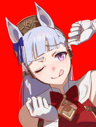  1girl ;q animal_ears birthday bow bowtie brown_hat dress ear_ornament gloves gold_ship_(red_strife)_(umamusume) gold_ship_(umamusume) grey_hair hashtag-only_commentary hat highres horse_ears horse_girl long_hair looking_at_viewer no_uwazumi one_eye_closed pillbox_hat purple_bow raised_eyebrow red_background red_bow red_bowtie red_dress simple_background sleeveless sleeveless_dress solo tongue tongue_out umamusume upper_body violet_eyes white_gloves 