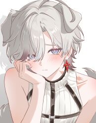  1boy :| animal_ears bare_shoulders blue_eyes closed_mouth commentary dog_ears dog_tail earrings genshin_impact ggu_ggu_ri hand_on_own_face head_rest highres illuga_(genshin_impact) jewelry kemonomimi_mode looking_to_the_side male_focus parted_hair piercing scar scar_on_shoulder shirt sideways_glance single_earring sleeveless sleeveless_shirt solo tail untranslatable_commentary white_hair white_shirt 