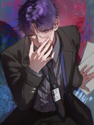  1boy bespectacled black_jacket black_necktie collared_shirt commentary covered_mouth from_above glasses grey_shirt hand_up highres id_card jacket lanyard lapels lips long_sleeves looking_at_viewer love_and_deepspace male_focus mimi_(mimievol10) necktie official_alternate_costume one_eye_closed open_clothes open_jacket paper parted_bangs purple_hair rafayel_(love_and_deepspace) shirt short_hair smile solo teeth violet_eyes wing_collar 