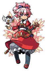  1girl bird black_pantyhose black_shirt bow capelet carol_(shinrabanshou) child closed_mouth earrings expressionless feathered_wings gold_trim hair_bow harakawa_mitsuhiro high_ponytail jewelry multicolored_shirt multiple_wings official_art pantyhose pink_hair pink_wings ponytail purple_bow red_capelet red_shirt red_shoes red_skirt sheath shinrabanshou shirt shoes short_hair skirt solo sword third-party_source transparent_background violet_eyes weapon wings 