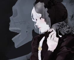  1girl absurdres black_eyes braid commentary dakaeya doll_joints elden_ring elden_ring_nightreign from_side head_wreath highres joints long_hair mole parted_lips pink_hair revenant_(elden_ring) skull solo veil white_hair 