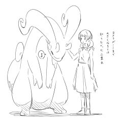  1girl absurdres bang_dream! bang_dream!_girls_band_party! character_request closed_mouth commentary_request greyscale highres jitome kanade_(kanade_3344) long_hair maruyama_aya monochrome pokemon pokemon_(creature) shirt simple_background skirt sleeveless sleeveless_shirt standing translation_request white_background 