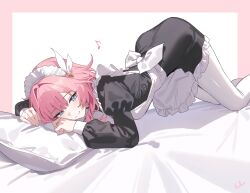  1girl absurdres apron black_dress blue_eyes border closed_mouth commentary cyrene_(honkai:_star_rail) cyrene_(philia093)_(honkai:_star_rail) dress enmaided hair_ornament highres honkai:_star_rail honkai_(series) ll_0109 long_sleeves looking_at_viewer lying maid maid_apron maid_headdress medium_hair musical_note pantyhose pink_border pink_hair simple_background smile solo symbol-shaped_pupils white_apron white_background white_pantyhose 