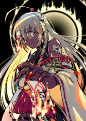  1girl absurdres ahoge black_background braid burning commentary_request cowboy_shot facial_tattoo fingernails fire grey_eyes grey_hair grin hair_between_eyes highres hoshi_syoko idolmaster idolmaster_cinderella_girls kanauo_(tansui_kanauo) long_hair long_sleeves looking_at_viewer nontraditional_miko ofuda pleated_skirt profile red_nails red_skirt sharp_fingernails single_braid skirt smile solo standing tattoo wide_sleeves 