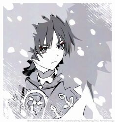  1boy apollo_hotori artist_name blunt_ends border closed_mouth coat commentary_request covered_collarbone eyeshadow fatui_coat fur-trimmed_hood fur_trim genshin_impact hood hooded_coat jewelry lapels long_sleeves looking_to_the_side makeup male_focus mandarin_collar mitsudomoe_(shape) necklace official_alternate_costume open_clothes open_coat outdoors parted_bangs red_eyeshadow scaramouche_(genshin_impact) shirt short_hair simple_background snowing solo tomoe_(symbol) two-sided_coat two-sided_fabric upper_body v-shaped_eyebrows winter 