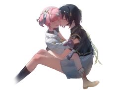  2girls :d ^_^ adoptive_parent_and_adoptive_child aemeath_(wuthering_waves) aemeath_(young)_(wuthering_waves) affectionate age_difference backlighting black_capelet black_gloves black_hair black_socks blush bob_cut boots brown_boots capelet child chinese_commentary closed_eyes commentary_request cropped_legs dress fang female_rover_(perpetual_spark)_(wuthering_waves) female_rover_(wuthering_waves) from_side fur-trimmed_boots fur-trimmed_dress fur_trim gloves gold_necklace hair_ornament hair_ribbon hairband happy head_chain jewelry kiss kissing_cheek kneehighs knees_up long_sleeves miniskirt mother_and_daughter multiple_girls necklace onee-loli pendant pink_hair pleated_skirt ribbon rover_(wuthering_waves) school_uniform short_dress short_hair short_sleeves short_twintails sidelocks simple_background sitting skirt smile socks straddling twintails u_u variant_set white_background white_dress white_hairband white_ribbon white_skirt wuthering_waves yellow_ribbon yu_jing_qian_yin_kikno 