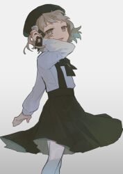  1girl 8ne_(nitika127) beret black_hat black_ribbon black_skirt brown_eyes brown_hair collared_shirt commentary_request flower grey_background hair_rings hat hatoba_tsugu high-waist_skirt long_sleeves looking_at_viewer mole mole_under_eye neck_ribbon pantyhose ribbon rose shirt shirt_tucked_in short_hair single_hair_ring skirt smile solo standing suspender_skirt suspenders tsugu_(vtuber) virtual_youtuber white_flower white_pantyhose white_rose white_shirt 