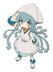  1girl arm_up bare_shoulders blue_eyes blue_hair blush_stickers boots bright_pupils commentary dot_nose double-parted_bangs dress full_body hair_between_eyes hat highres ikamusume long_hair looking_at_viewer naka_(buttergirl_02) open_mouth shinryaku!_ikamusume simple_background sleeveless sleeveless_dress solo standing tentacle_hair v-shaped_eyebrows white_background white_boots white_dress white_hat white_pupils 