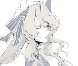  1girl animal_ears ascot blonde_hair blue_ascot blue_bow bow collared_shirt colored_eyelashes commentary ear_bow english_commentary expressionless headscarf high_collar horse_ears horse_girl lace-trimmed_bow lace_trim long_hair long_sidelocks looking_ahead mismatched_ear_covers parted_lips pointy_nose shirt sidelocks simple_background solo striped_bow szrimp umamusume upper_body victoire_pisa_(umamusume) wavy_hair white_background white_eyes white_headscarf white_shirt 
