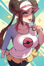  1girl :d abstract_background artist_name black_pantyhose black_shirt blue_background blue_eyes breasts brown_hair collarbone commentary cowboy_shot donut_hair_bun double_bun english_commentary hair_bun hat himmely holding holding_poke_ball huge_breasts impossible_clothes impossible_shirt lips long_hair looking_at_viewer lower_teeth_only microskirt multicolored_hair open_mouth pantyhose pink_hat pink_lips pink_shirt poke_ball poke_ball_print pokemon pokemon_bw2 rosa_(pokemon) shirt sidelocks skirt smile solo sparkle standing teeth three-quarter_sleeves two-tone_hat visor_cap watch watch watermark white_hat yellow_skirt 