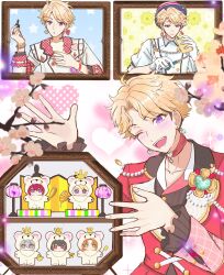  1boy achiko_e_wo_kaku! animal_ears bead_bracelet beads bear_ears black_hair blonde_hair blue_eyes bracelet character_doll choker closed_mouth collared_shirt commentary_request crown curtained_hair doll earrings ensemble_stars! fake_animal_ears feature_scout_1_(ensemble_stars!) fingernails flower folding_fan frilled_sleeves frills gloves green_eyes grey_hair hand_fan hand_up hands_up hat heart heart_earrings highres holding holding_fan holding_scissors jewelry knights_(ensemble_stars!) lapels long_sleeves looking_at_viewer love_collector_(ensemble_stars!) made_me_(ensemble_stars!) male_focus narukami_arashi notched_lapels official_alternate_costume one_eye_closed onesie open_hands open_mouth orange_hair red_eyes red_hair ring sakuma_ritsu scissors sena_izumi_(ensemble_stars!) shirt short_hair smile star_(symbol) suou_tsukasa teeth tsukinaga_leo undercut upper_body very_short_hair violet_eyes white_gloves 
