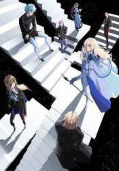  2girls 5boys akuta_hinako artist_request ascot belt beryl_gut black-framed_eyewear black_background black_belt black_boots black_coat black_dress black_gloves black_hair black_jacket black_pantyhose black_ribbon black_shirt black_shoes black_shrug black_vest blonde_hair blue_ascot blue_eyes blunt_bangs book boots brown_hair cape claw_ring closed_eyes closed_mouth coat commentary_request commission crypters_(fate/grand_order) daybit_sem_void dress eyepatch facial_hair fate/grand_order fate_(series) feathers floating_stairs frilled_sleeves frills fur-trimmed_shrug fur_trim glasses gloves goatee_stubble gold_trim grey_hair grey_shirt hair_between_eyes hair_slicked_back hand_on_own_cheek hand_on_own_face hand_on_own_hip hand_up highres holding holding_book holding_staff jacket jewelry kadoc_zemlupus kirschtaria_wodime korean_commentary long_hair long_sleeves looking_at_another looking_at_viewer looking_down m_c_escher mage_staff multiple_boys multiple_girls neck_ribbon on_stairs open_book ophelia_phamrsolone pants pantyhose pendant purple_hair red_pants ribbon scandinavia_peperoncino second-party_source shirt shoes short_hair shrug_(clothing) side_cape sitting sitting_on_stairs staff stairs standing stubble suit twintails vest white_cape white_coat white_feathers white_gloves white_jacket white_pants white_shoes white_suit yellow_eyes yu_mei-ren_(fate) 