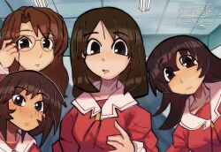  4girls adjusting_eyewear artist_name azumanga_daioh azumanga_daioh's_school_uniform brown_eyes brown_hair closed_mouth commentary dated glasses hand_on_eyewear hand_up highres ideac kagura_(azumanga_daioh) kasuga_ayumu long_hair long_sleeves looking_at_viewer mizuhara_koyomi multiple_girls parody parted_lips pink_shirt sailor_collar school_uniform shirt takino_tomo upper_body white_sailor_collar 